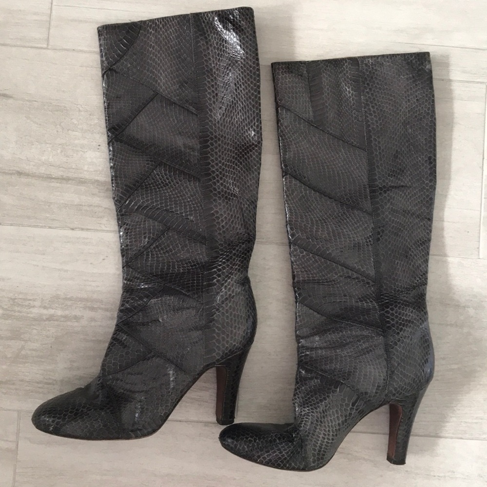 Frye “Ava” grey snakeskin boots, size 7.5